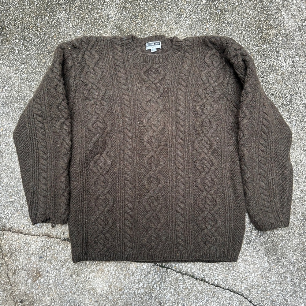 Giordano Mens XL Brown 100% Wool Cable Knit Sweater Heavy Crew Neck Pullover